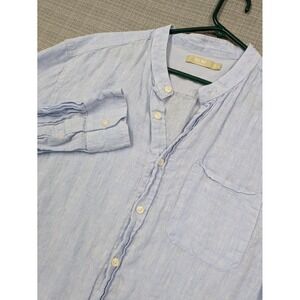 Isle Bay Linen Shirt Mens Large Blue Band Collar Long Sleeve Button Up